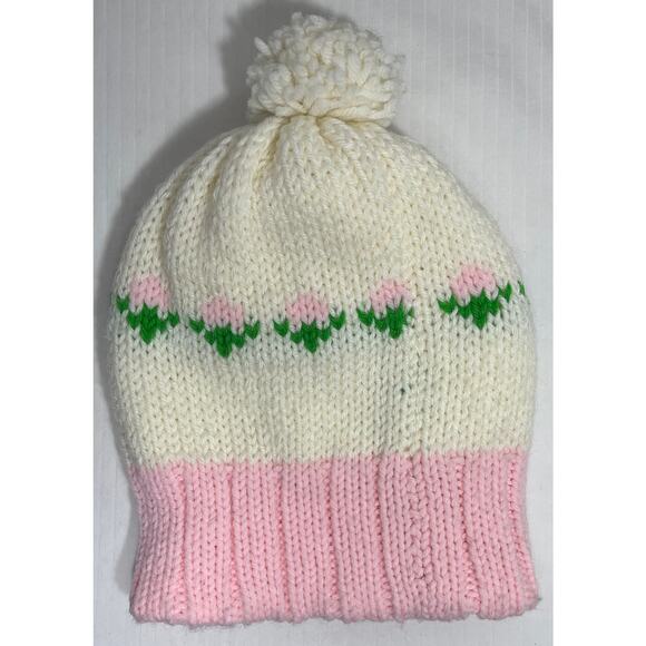 Cream and Pink Thick Chunky Knit Pom Pom Beanie Adult One Size - Picture 2 of 2
